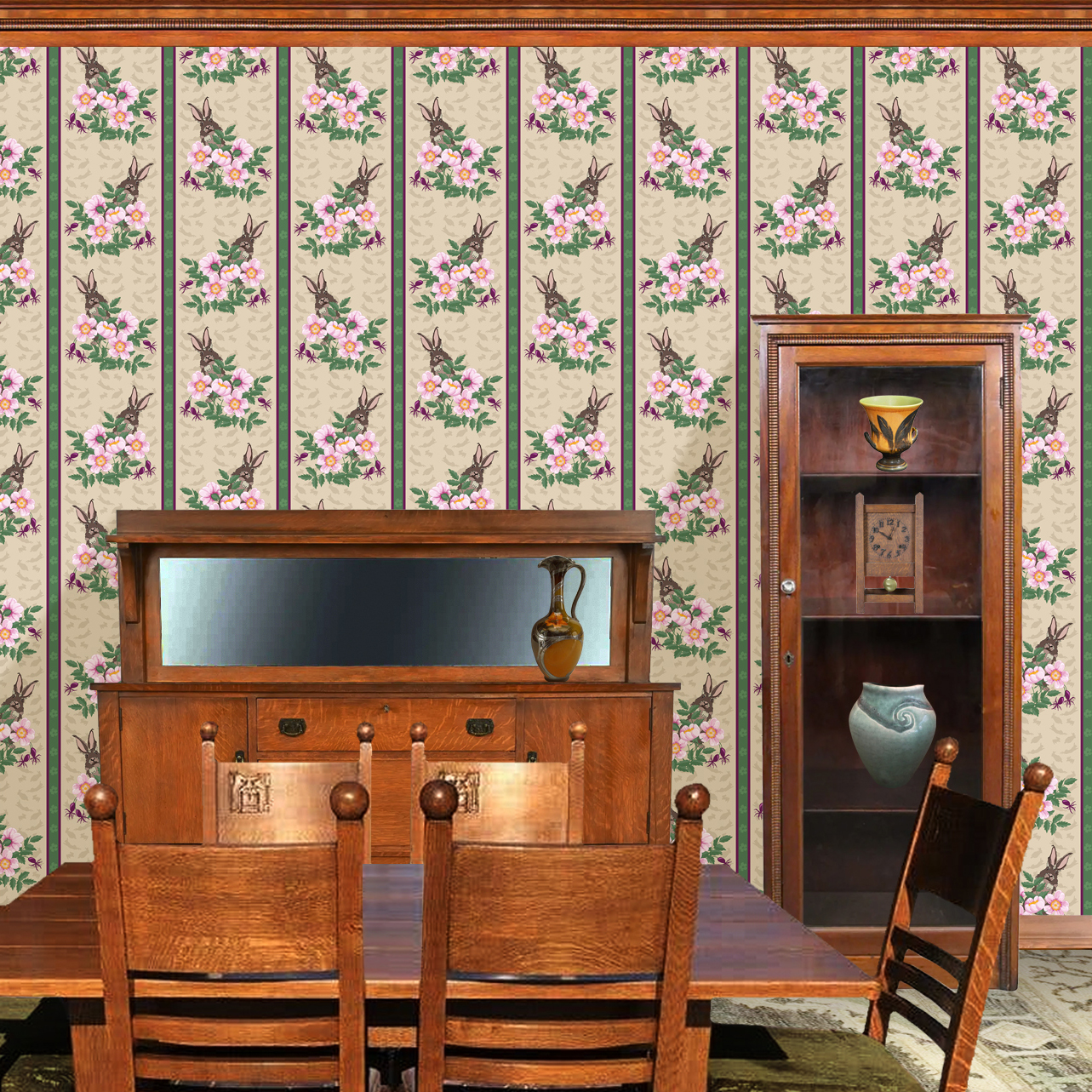 v The wallpaper design is shown in a Mission style dining room.